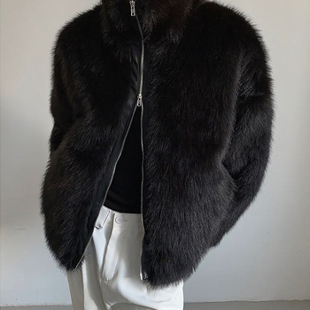 Ανδρικό παλτό από τεχνητή γούνα, στάσιμος γιακάς, φερμουάρ, χαλαρή γραμμή