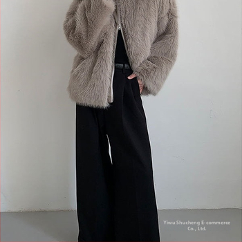 Ανδρικό παλτό από τεχνητή γούνα, στάσιμος γιακάς, φερμουάρ, χαλαρή γραμμή