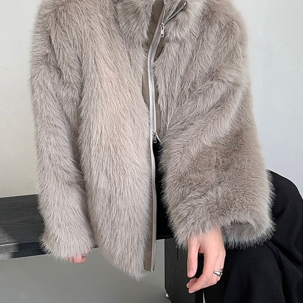 Ανδρικό παλτό από τεχνητή γούνα, στάσιμος γιακάς, φερμουάρ, χαλαρή γραμμή