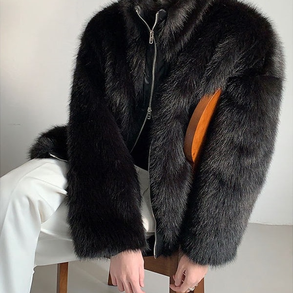 Ανδρικό παλτό από τεχνητή γούνα, στάσιμος γιακάς, φερμουάρ, χαλαρή γραμμή