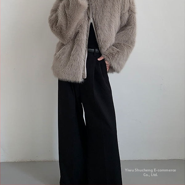 Pánsky kabát z umelej kožušiny, stojací golier, zips, voľný strih