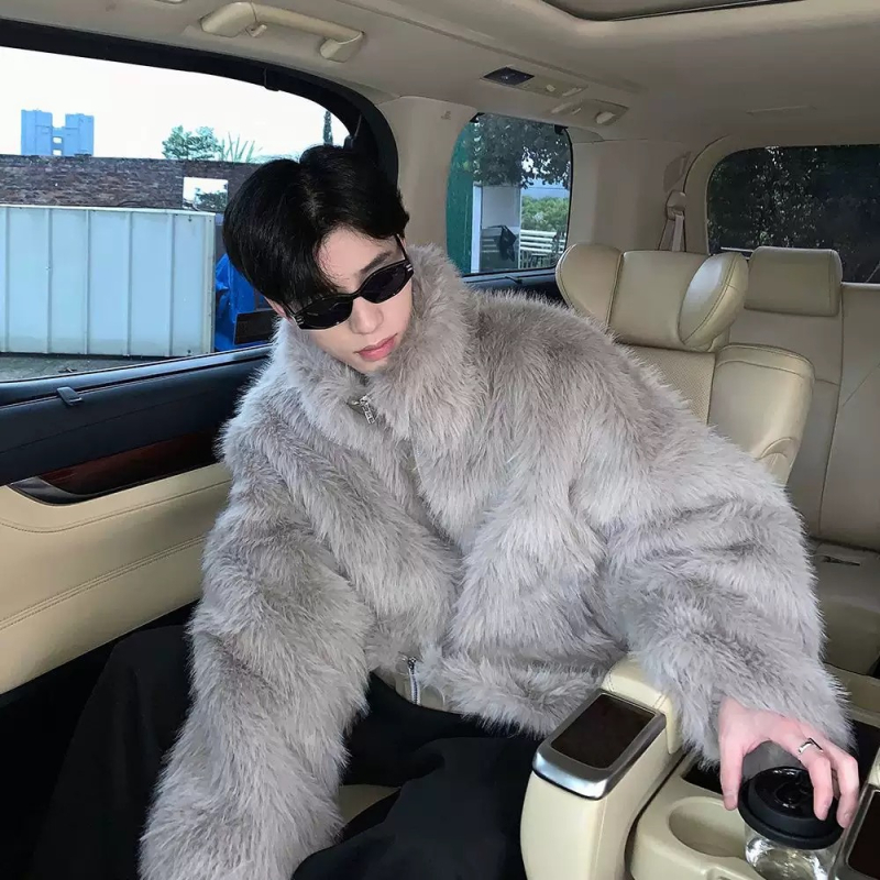 Ανδρικό παλτό από τεχνητή γούνα, στάσιμος γιακάς, φερμουάρ, χαλαρή γραμμή