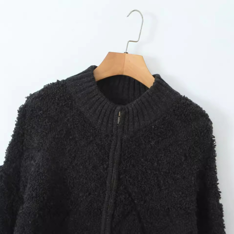 Pleten kardigan sa zatvaračem, stojeći ovratnik, dugi rukavi, ulični hipster stil, glavni materijal: spandeks (<30% sadržaja)