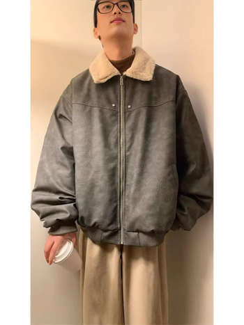 Kaput od pamuka s vanjskim PU kožnim slojem, podstavljena ovčjom vunom, poliesterom punjenje, zatvarač, široki kroj, japanski retro kardigan stil, zima 2024