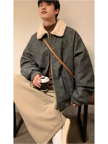 Kaput od pamuka s vanjskim PU kožnim slojem, podstavljena ovčjom vunom, poliesterom punjenje, zatvarač, široki kroj, japanski retro kardigan stil, zima 2024