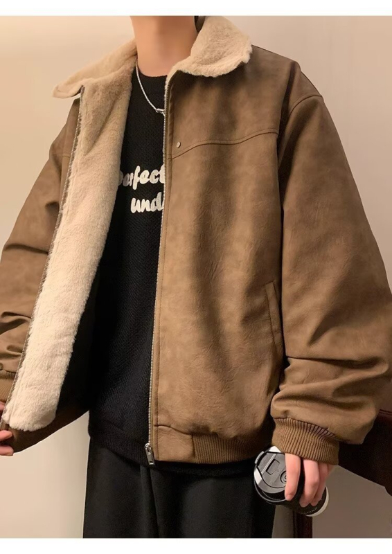 Kaput od pamuka s vanjskim PU kožnim slojem, podstavljena ovčjom vunom, poliesterom punjenje, zatvarač, široki kroj, japanski retro kardigan stil, zima 2024