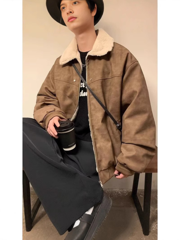 Kaput od pamuka s vanjskim PU kožnim slojem, podstavljena ovčjom vunom, poliesterom punjenje, zatvarač, široki kroj, japanski retro kardigan stil, zima 2024