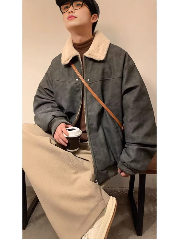 Kaput od pamuka s vanjskim PU kožnim slojem, podstavljena ovčjom vunom, poliesterom punjenje, zatvarač, široki kroj, japanski retro kardigan stil, zima 2024