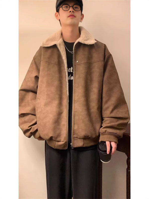 Kaput od pamuka s vanjskim PU kožnim slojem, podstavljena ovčjom vunom, poliesterom punjenje, zatvarač, široki kroj, japanski retro kardigan stil, zima 2024