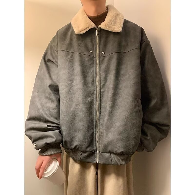 Kaput od pamuka s vanjskim PU kožnim slojem, podstavljena ovčjom vunom, poliesterom punjenje, zatvarač, široki kroj, japanski retro kardigan stil, zima 2024