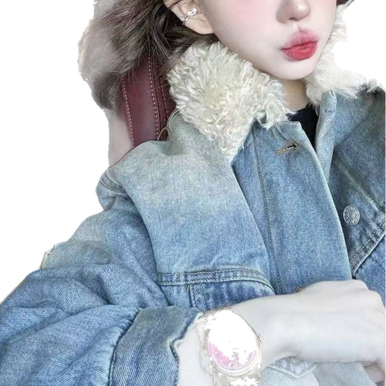 Džínové sako pre ženy - krátky strih, voľný strih, podšívka z umelej kožušiny, golier s odklopným lemom, jeseň 2025 (5208)