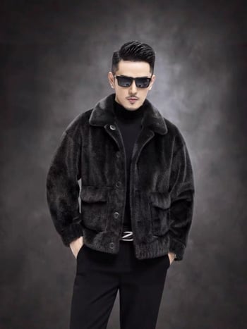 Ανδρικό διπλής όψης χειμωνιάτικο παλτό από τεχνητή γούνα νορκας, γιακάς με πέτο, κλείσιμο μονόμπροχο, vintage στυλ