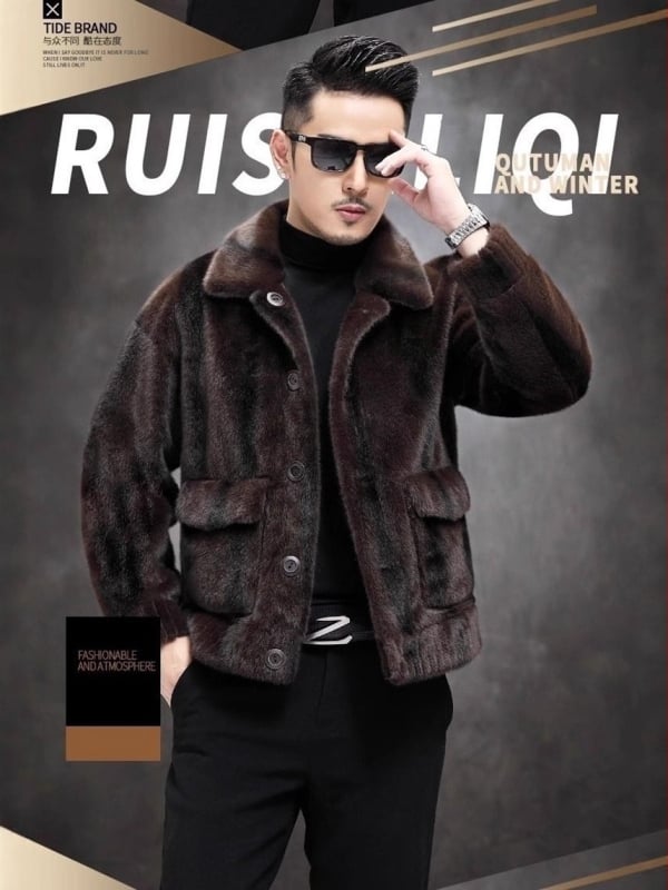 Ανδρικό διπλής όψης χειμωνιάτικο παλτό από τεχνητή γούνα νορκας, γιακάς με πέτο, κλείσιμο μονόμπροχο, vintage στυλ