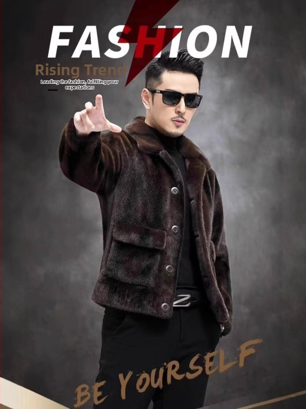 Dvojstranný pánsky zimný kabát z umelej norkovej kožušiny, golier s reverom, zapínanie na jedno gomb, vintage štýl