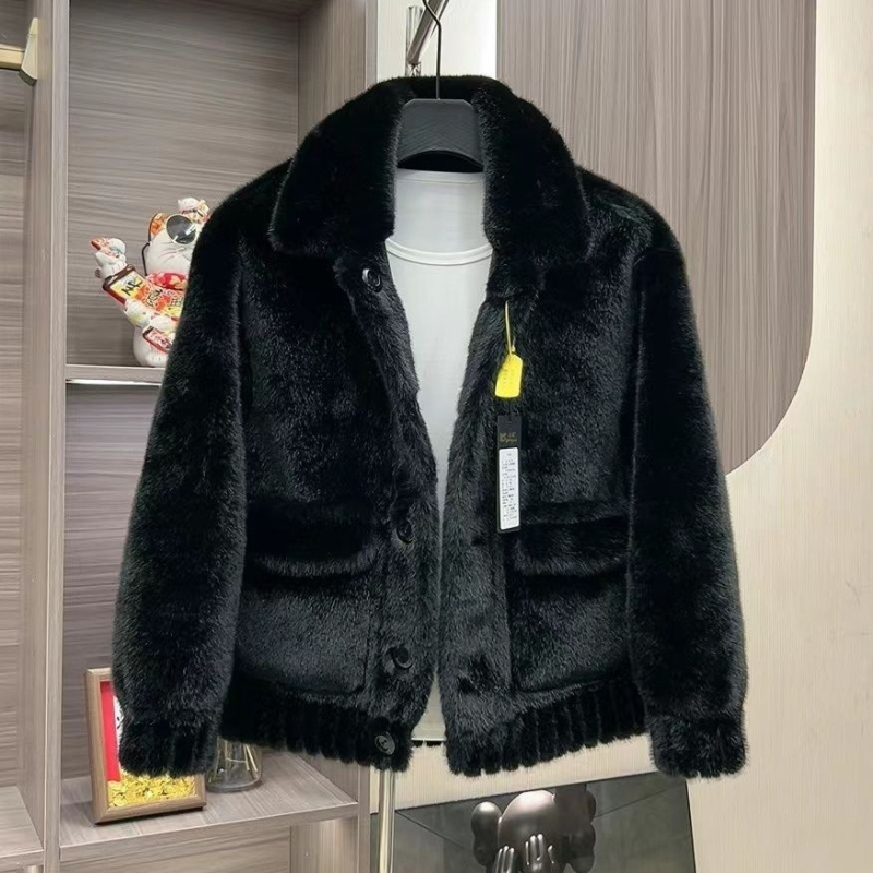 Ανδρικό διπλής όψης χειμωνιάτικο παλτό από τεχνητή γούνα νορκας, γιακάς με πέτο, κλείσιμο μονόμπροχο, vintage στυλ