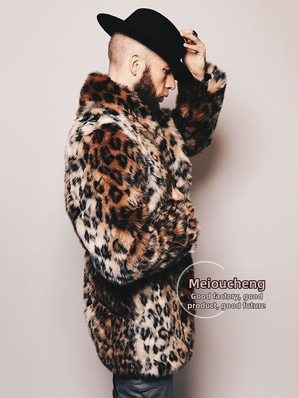 Pánsky kabát z umelej kožušiny s leopardím vzorom, golier, žakardový vzor