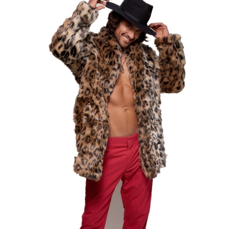 Ανδρικό παλτό συνθετικής γούνας με λεοπάρ εκτύπωση, γιακά με ζακάρντ μοτίβο