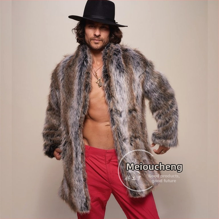 Ανδρικό παλτό συνθετικής γούνας με λεοπάρ εκτύπωση, γιακά με ζακάρντ μοτίβο