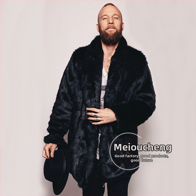 Ανδρικό παλτό συνθετικής γούνας με λεοπάρ εκτύπωση, γιακά με ζακάρντ μοτίβο