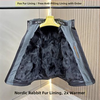 Ανδρικό κοντό γούνινο μπουφάν με αποσπώμενη επένδυση από γούνα αλεπούς — Slim fit, κουκούλα, φερμουάρ, χειμώνας