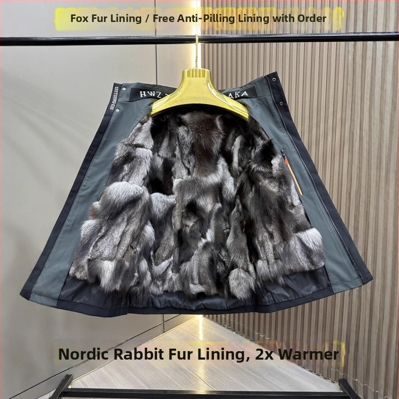 Pánska krátka kožušinová bunda s odnímateľnou líščou podšívkou — štíhla silueta, kapucňa, zips, zima