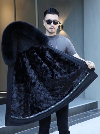 Ανδρικό παλτό από γούνα μίνκ, μεσαίου μήκους, στενή γραμμή, γούνινο γιακά, κούμπωμα με φερμουάρ