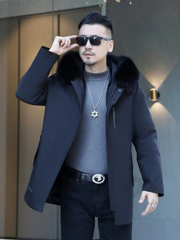 Ανδρικό παλτό από γούνα μίνκ, μεσαίου μήκους, στενή γραμμή, γούνινο γιακά, κούμπωμα με φερμουάρ