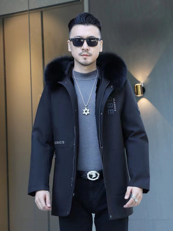 Ανδρικό παλτό από γούνα μίνκ, μεσαίου μήκους, στενή γραμμή, γούνινο γιακά, κούμπωμα με φερμουάρ