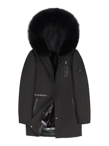 Ανδρικό παλτό από γούνα μίνκ, μεσαίου μήκους, στενή γραμμή, γούνινο γιακά, κούμπωμα με φερμουάρ