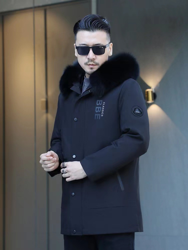 Ανδρικό παλτό από γούνα μίνκ, μεσαίου μήκους, στενή γραμμή, γούνινο γιακά, κούμπωμα με φερμουάρ