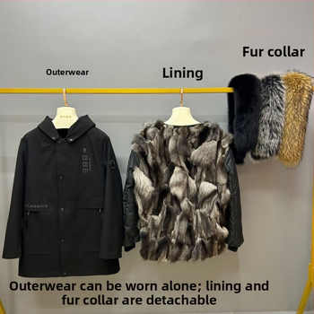 Ανδρικό παλτό με γούνα αλεπούς, εσωτερική επένδυση, αποσπώμενη κουκούλα, φερμουάρ, μεσαίο μήκος