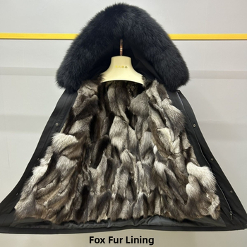 Ανδρικό παλτό με γούνα αλεπούς, εσωτερική επένδυση, αποσπώμενη κουκούλα, φερμουάρ, μεσαίο μήκος