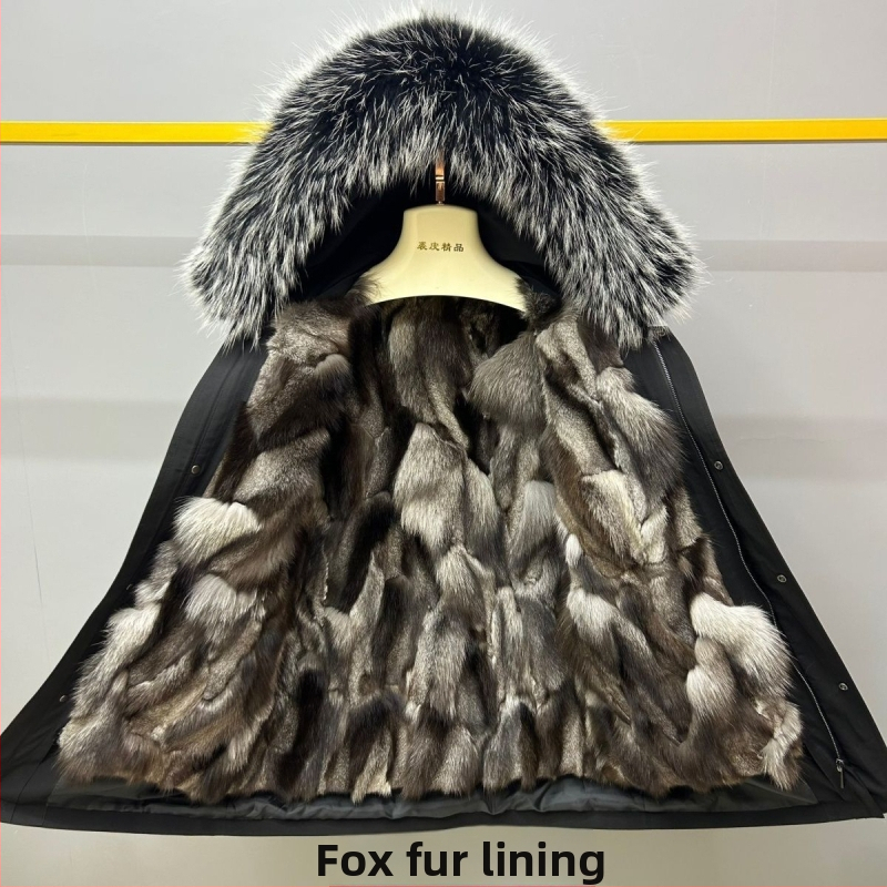 Ανδρικό παλτό με γούνα αλεπούς, εσωτερική επένδυση, αποσπώμενη κουκούλα, φερμουάρ, μεσαίο μήκος