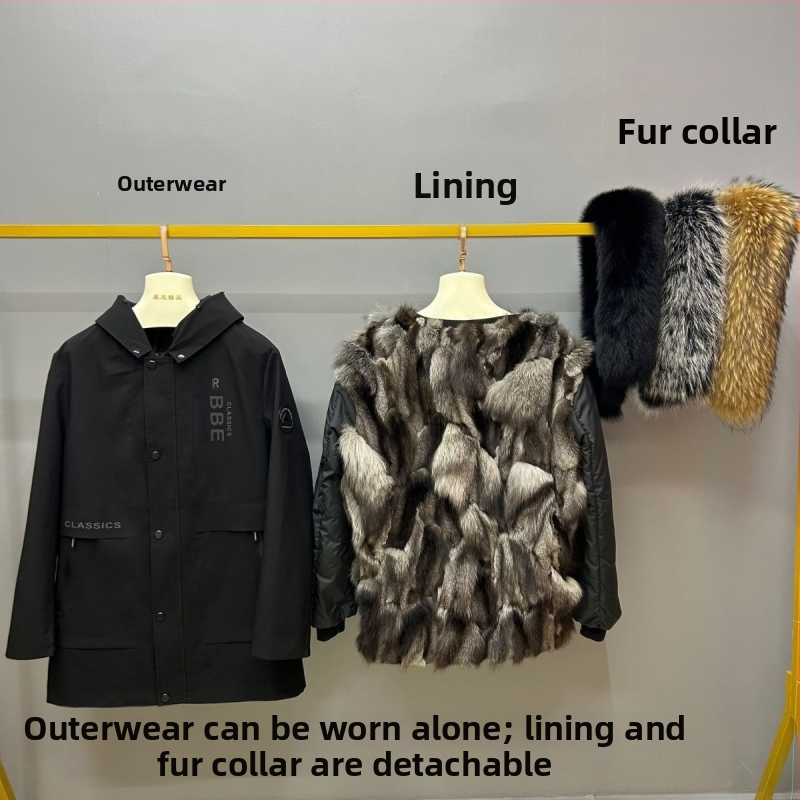 Mužský zimný kabát s pravou líščou kožušinou, podšité, s odnímateľnou kapucňou, stredná dĺžka, zips