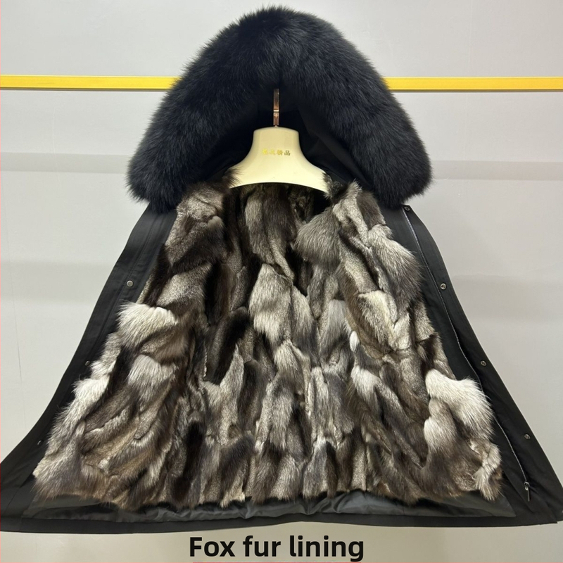 Ανδρικό παλτό με γούνα αλεπούς, εσωτερική επένδυση, αποσπώμενη κουκούλα, φερμουάρ, μεσαίο μήκος