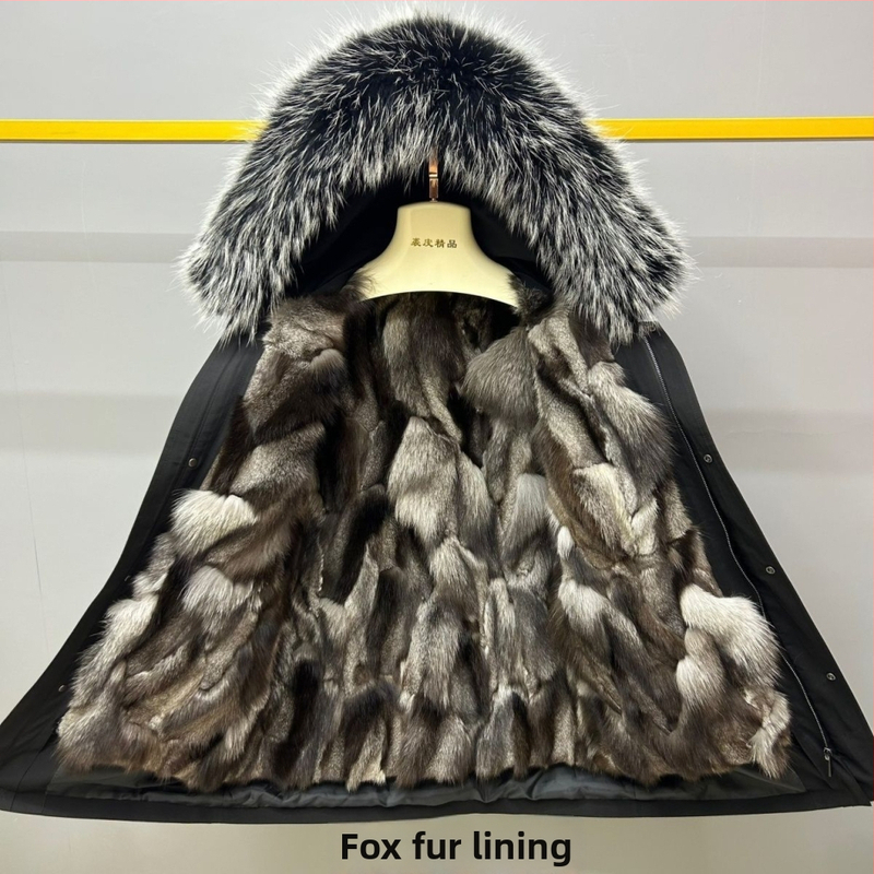 Ανδρικό παλτό με γούνα αλεπούς, εσωτερική επένδυση, αποσπώμενη κουκούλα, φερμουάρ, μεσαίο μήκος