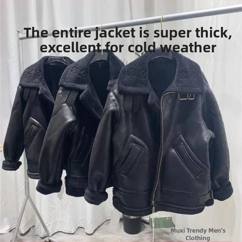 Ανδρικό μπουφάν μοτοσικλετιστικό από σουέντ με γούνα για το χειμώνα, χαλαρή εφαρμογή, ψηλός γιακάς, διπλής σειράς κουμπώματα, επένδυση από πραγματική γούνα και μαλλί προβάτου