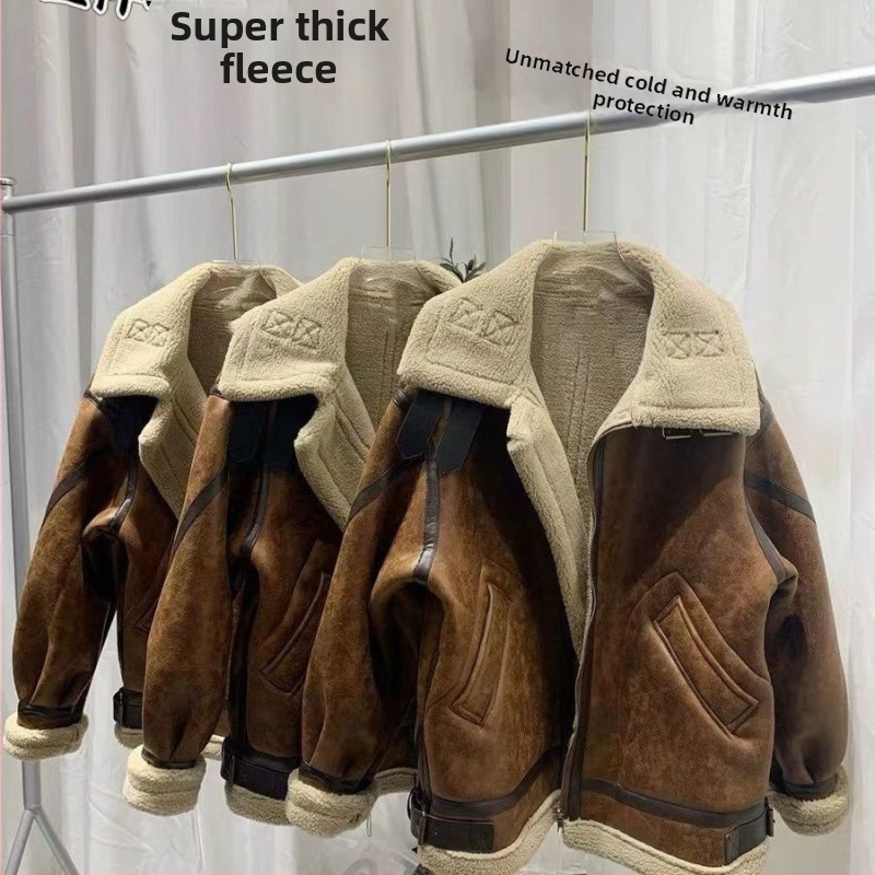 Ανδρικό μπουφάν μοτοσικλετιστικό από σουέντ με γούνα για το χειμώνα, χαλαρή εφαρμογή, ψηλός γιακάς, διπλής σειράς κουμπώματα, επένδυση από πραγματική γούνα και μαλλί προβάτου