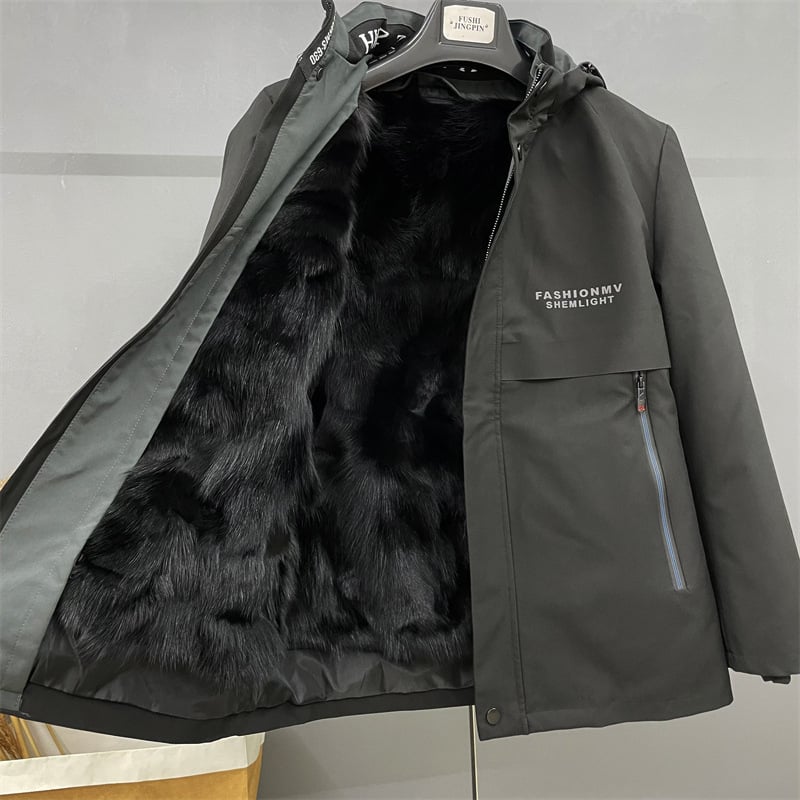 Ανδρικό γούνινο μπουφάν από γούνα αλεπούς με αποσπώμενη επένδυση, κουκούλα, φερμουάρ, στενή γραμμή