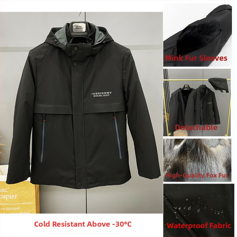 Pánska kožušinová bunda z líščej kožušiny s odnímateľnou podšívkou, kapucňa, zips, úzky strih