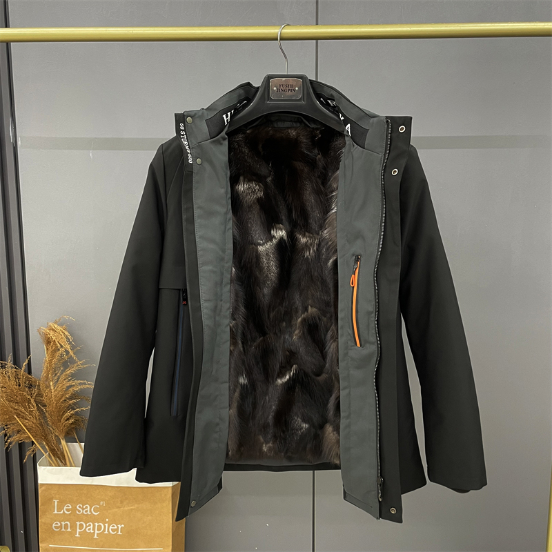 Ανδρικό γούνινο μπουφάν από γούνα αλεπούς με αποσπώμενη επένδυση, κουκούλα, φερμουάρ, στενή γραμμή