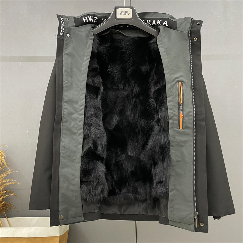 Ανδρικό γούνινο μπουφάν από γούνα αλεπούς με αποσπώμενη επένδυση, κουκούλα, φερμουάρ, στενή γραμμή