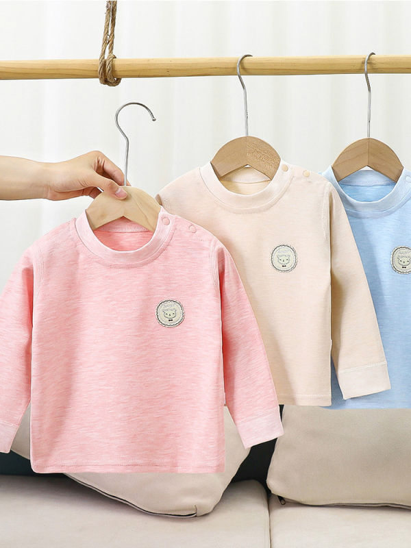 Bluza de bază pentru copii din bumbac, 100% bumbac, finisaj moale periat, mânecă lungă, guler rotund, potrivită pentru primăvară și toamnă