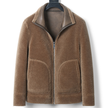 Ανδρικό γούνινο μπουφάν με γιακά, φερμουάρ, πραγματική γούνα προβάτου, επένδυση 100% μαλλί, τσέπες με φερμουάρ, μονόχρωμο