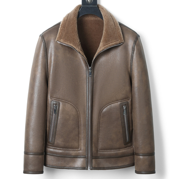 Ανδρικό γούνινο μπουφάν με γιακά, φερμουάρ, πραγματική γούνα προβάτου, επένδυση 100% μαλλί, τσέπες με φερμουάρ, μονόχρωμο