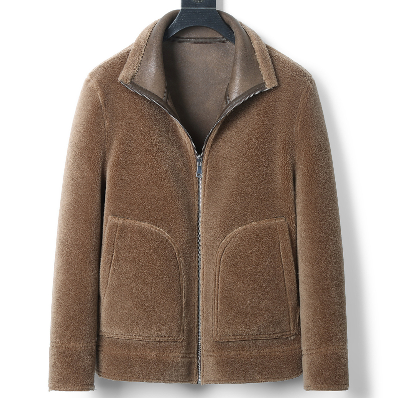 Ανδρικό γούνινο μπουφάν με γιακά, φερμουάρ, πραγματική γούνα προβάτου, επένδυση 100% μαλλί, τσέπες με φερμουάρ, μονόχρωμο