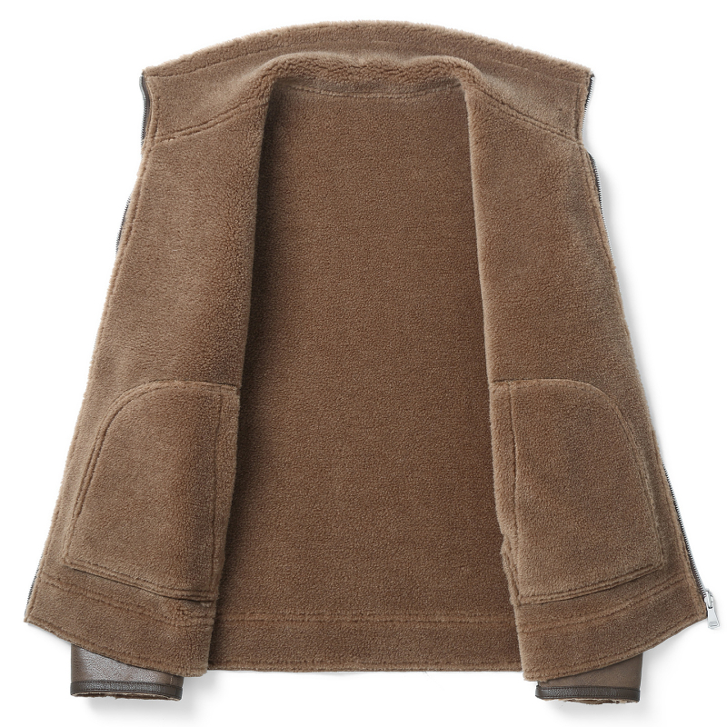 Ανδρικό γούνινο μπουφάν με γιακά, φερμουάρ, πραγματική γούνα προβάτου, επένδυση 100% μαλλί, τσέπες με φερμουάρ, μονόχρωμο