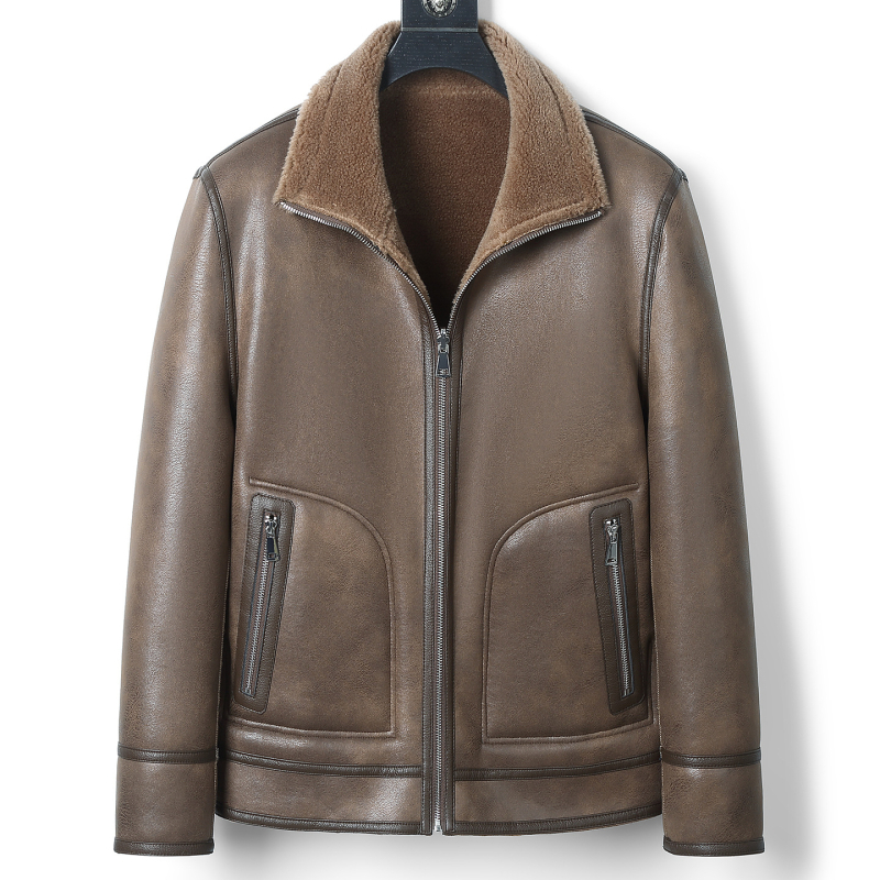 Ανδρικό γούνινο μπουφάν με γιακά, φερμουάρ, πραγματική γούνα προβάτου, επένδυση 100% μαλλί, τσέπες με φερμουάρ, μονόχρωμο