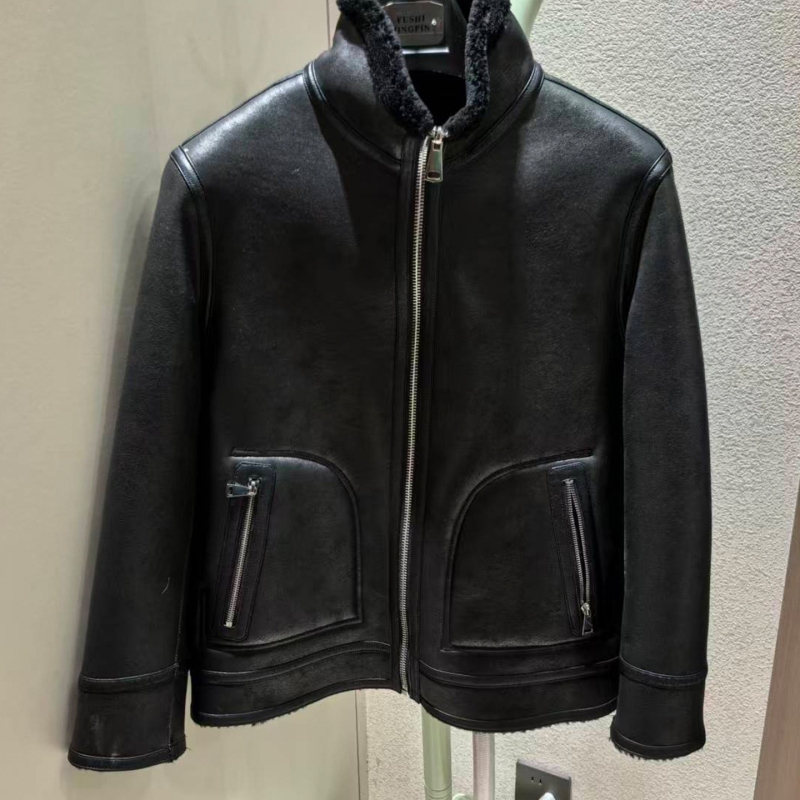 Ανδρικό γούνινο μπουφάν με γιακά, φερμουάρ, πραγματική γούνα προβάτου, επένδυση 100% μαλλί, τσέπες με φερμουάρ, μονόχρωμο