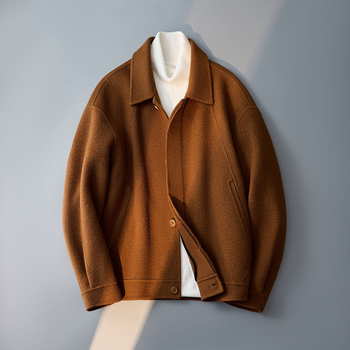 Palton scurt din lână, dublu aspect, guler Turn-Down, curea, închidere cu nasturi, modă de iarnă